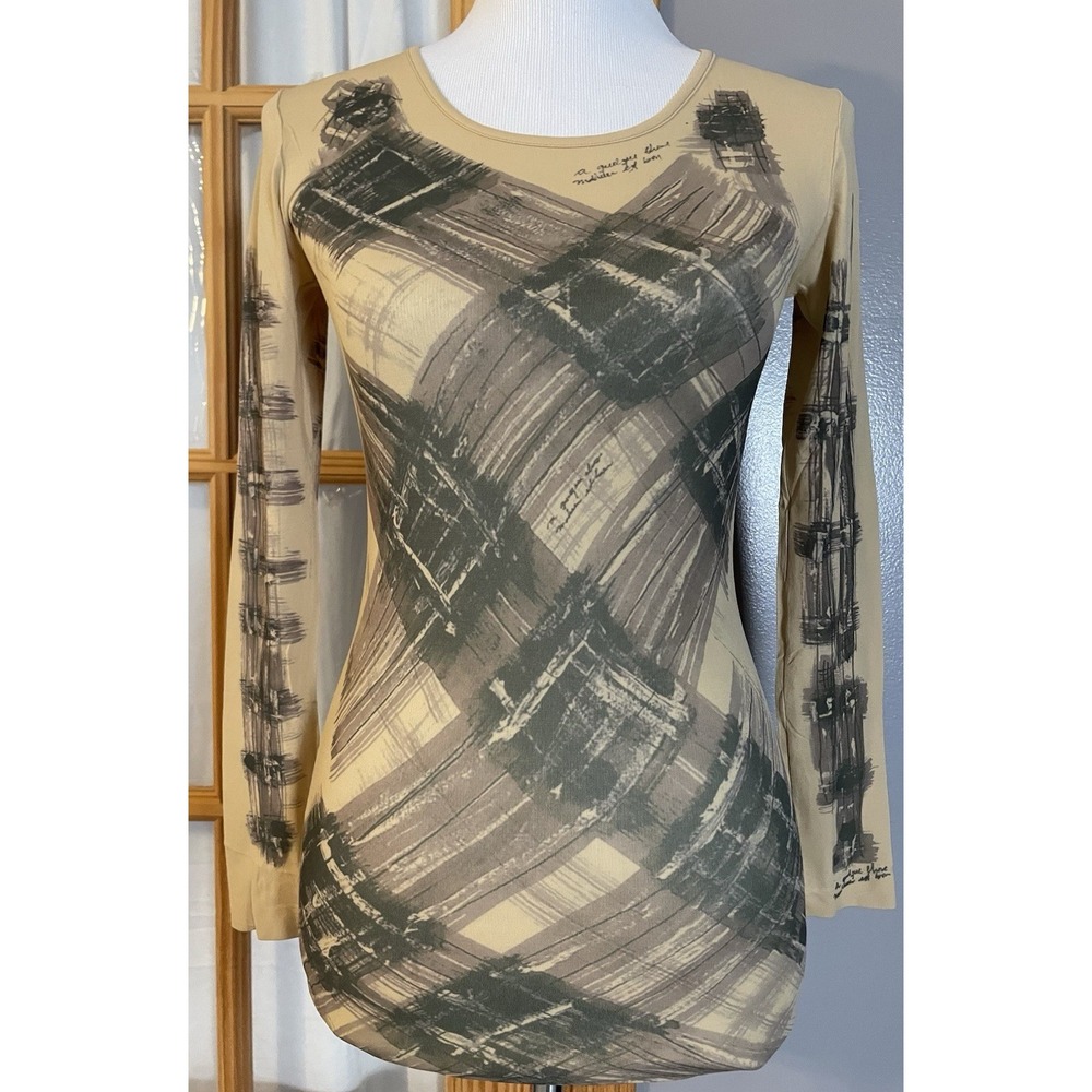 Vintage AMB Graphic Abstract Pullover Top OS Beige Thin Fabric Slim Fit Classic